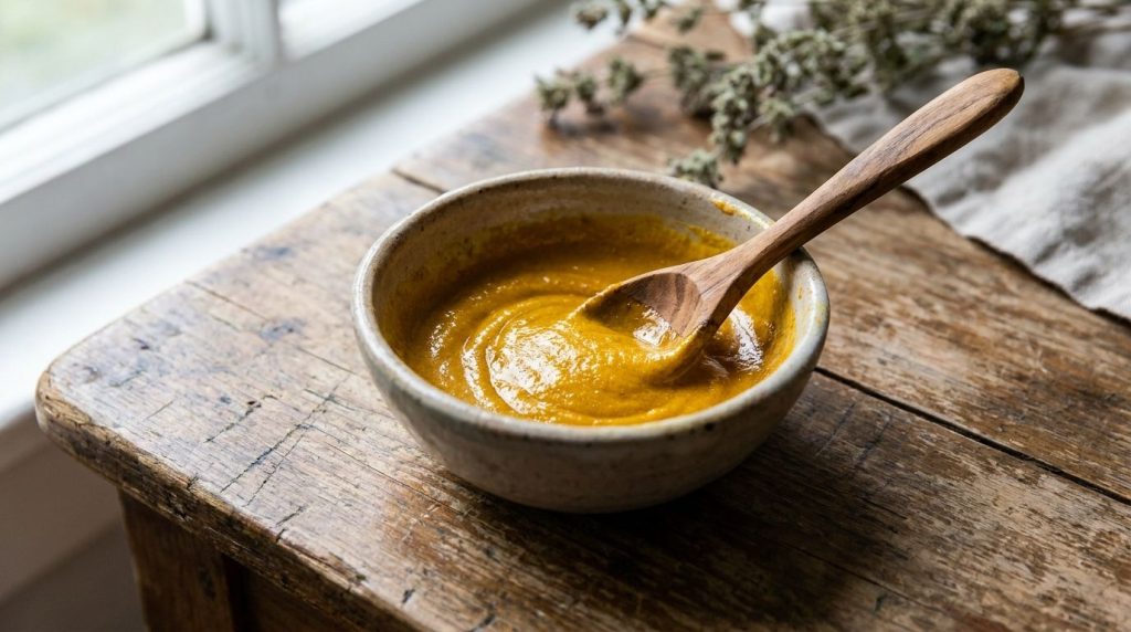 A close-up of a DIY face mask being mixed in a bowl with ingredients like turmeric powder and honey visible set against 