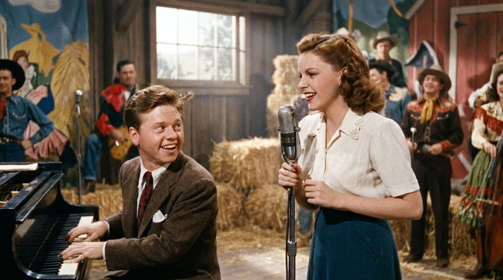 Mickey Rooney and Judy Garland in a musical film still showcasing their chemistry and musical talent