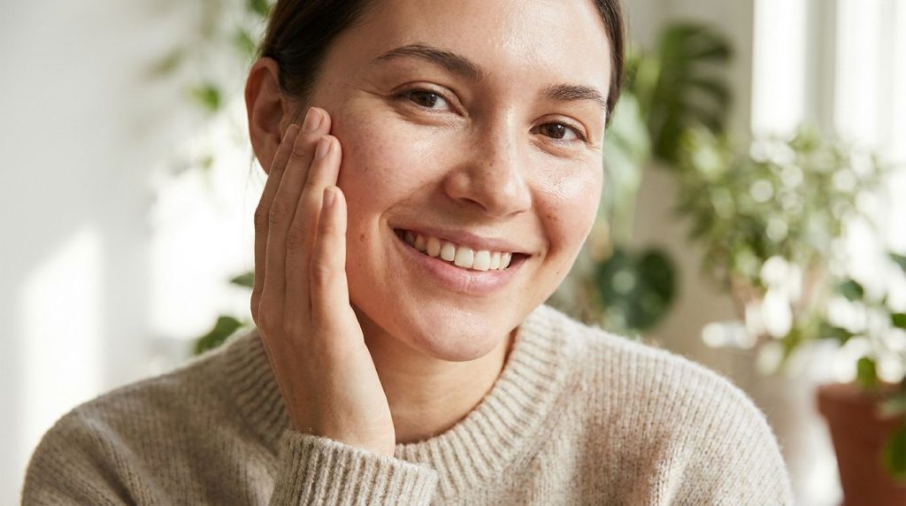 A woman with glowing healthy skin smiling gently perhaps touching her cheek to illustrate radiant and youthful skin resu