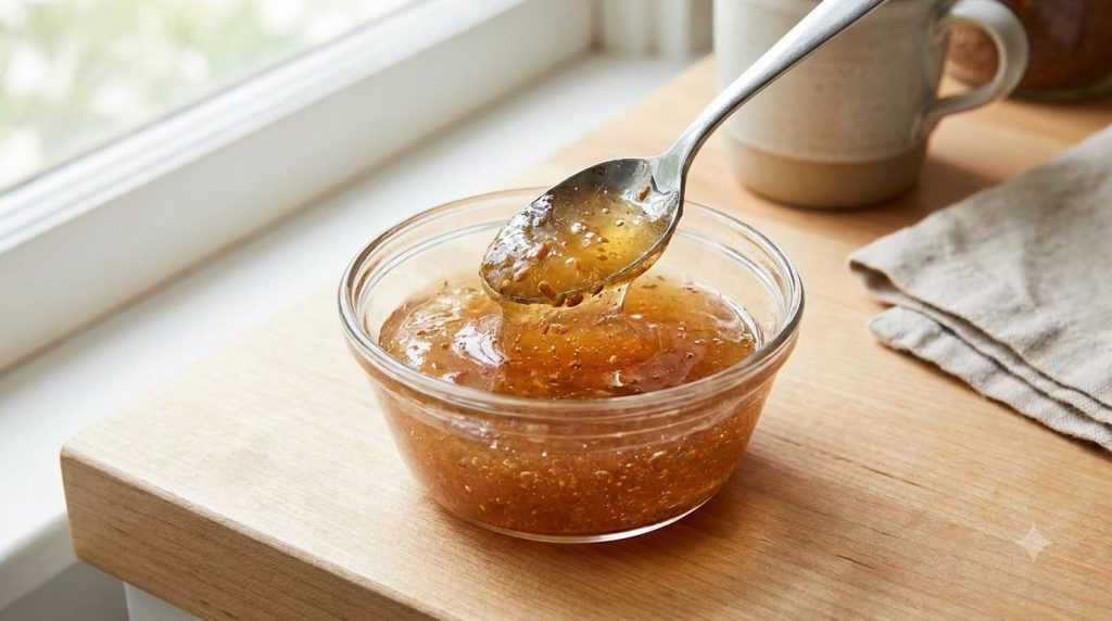 A close-up of a small glass bowl filled with translucent homemade flaxseed gel with a spoon resting in it against a soft