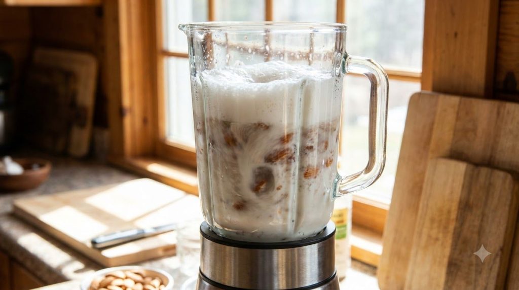 A high-speed blender actively blending soaked almonds and water into a creamy liquid with some foam on top