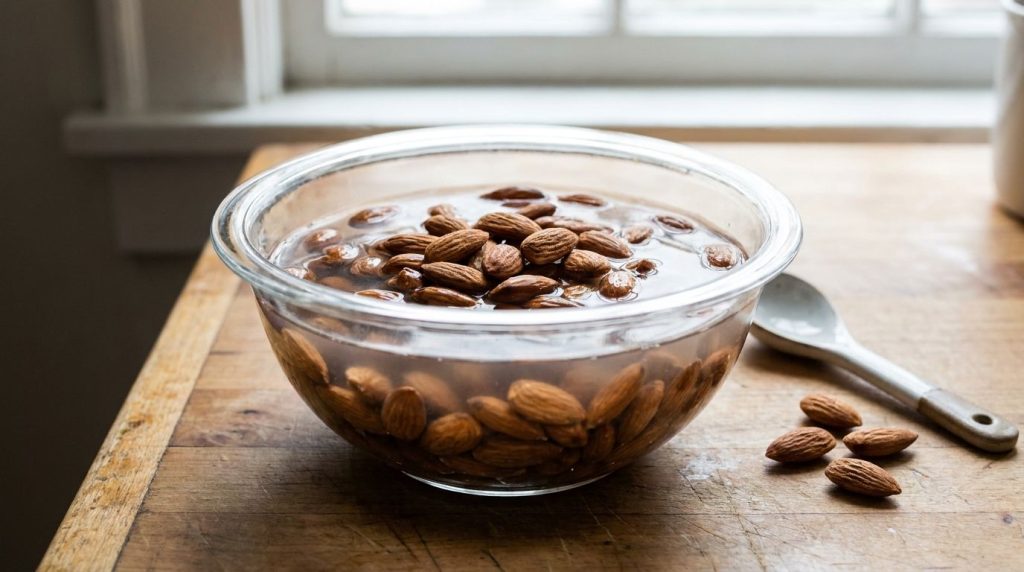 A bowl filled with raw unblanched almonds soaking in water with a kitchen towel in the background