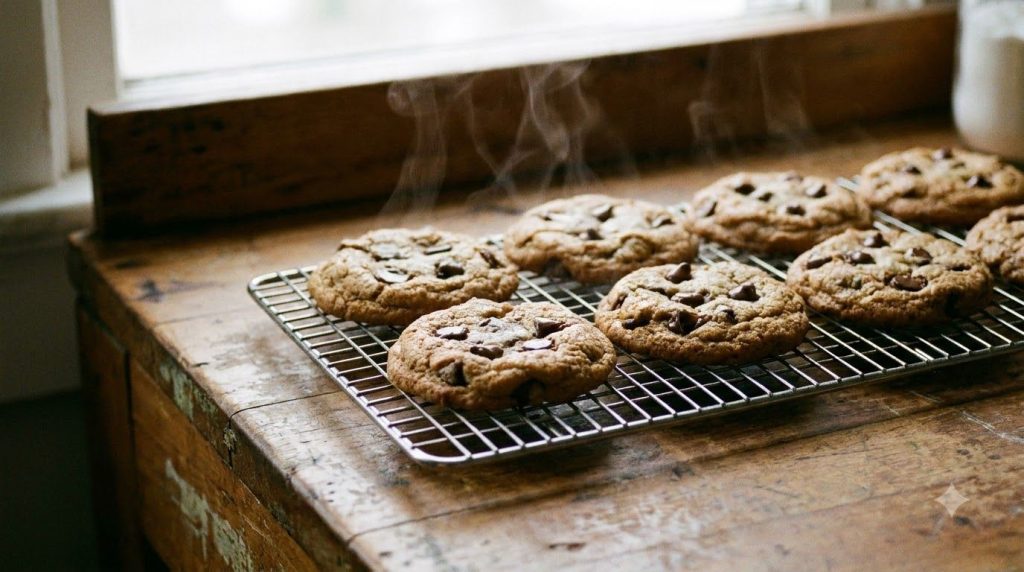 Freshly baked almond pulp cookies with chocolate chips on a cooling rack steam gently rising