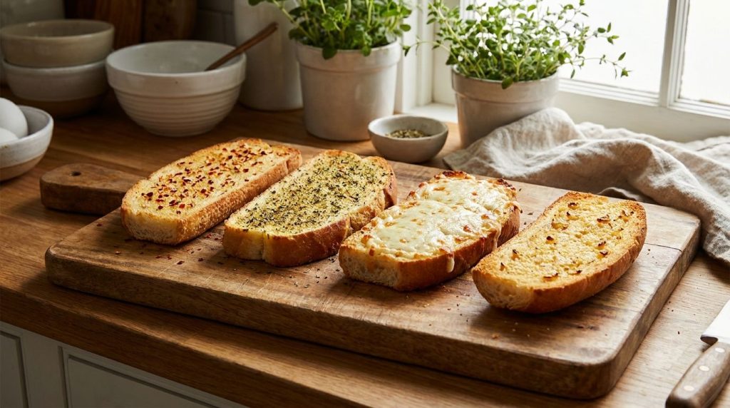 Four different slices of garlic bread on a wooden board showcasing variations one with added red pepper flakes one with 