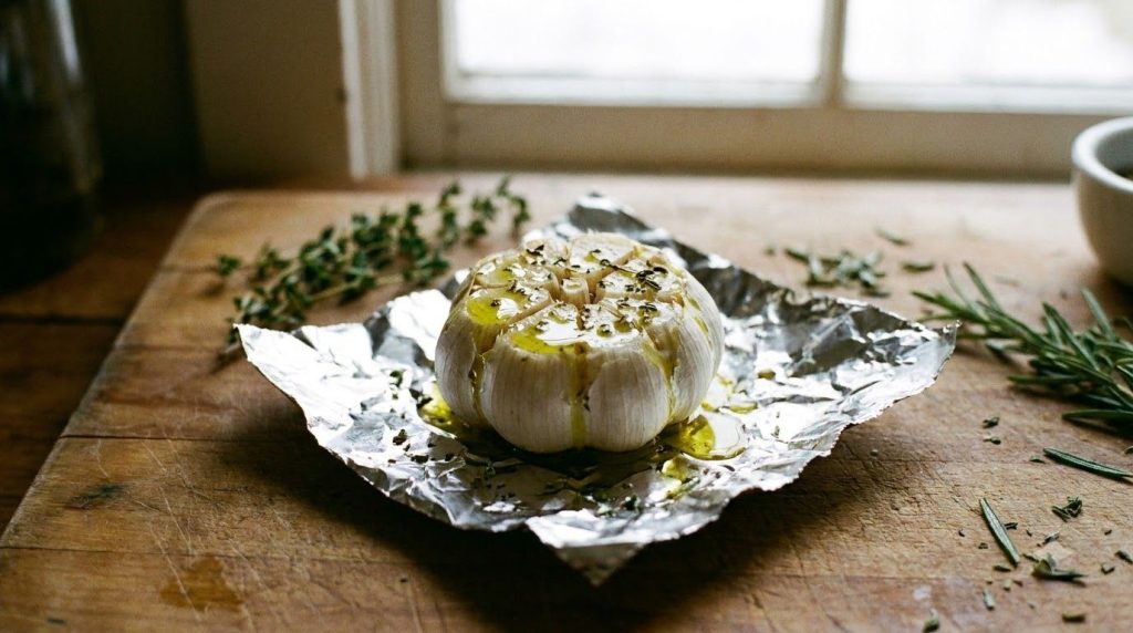 A close-up of a head of garlic with the top cut off drizzled with olive oil ready to be wrapped in foil for roasting