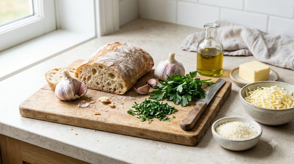 Ingredients for cheesy roasted garlic bread laid out on a kitchen counter a head of garlic ciabatta bread olive oil butt