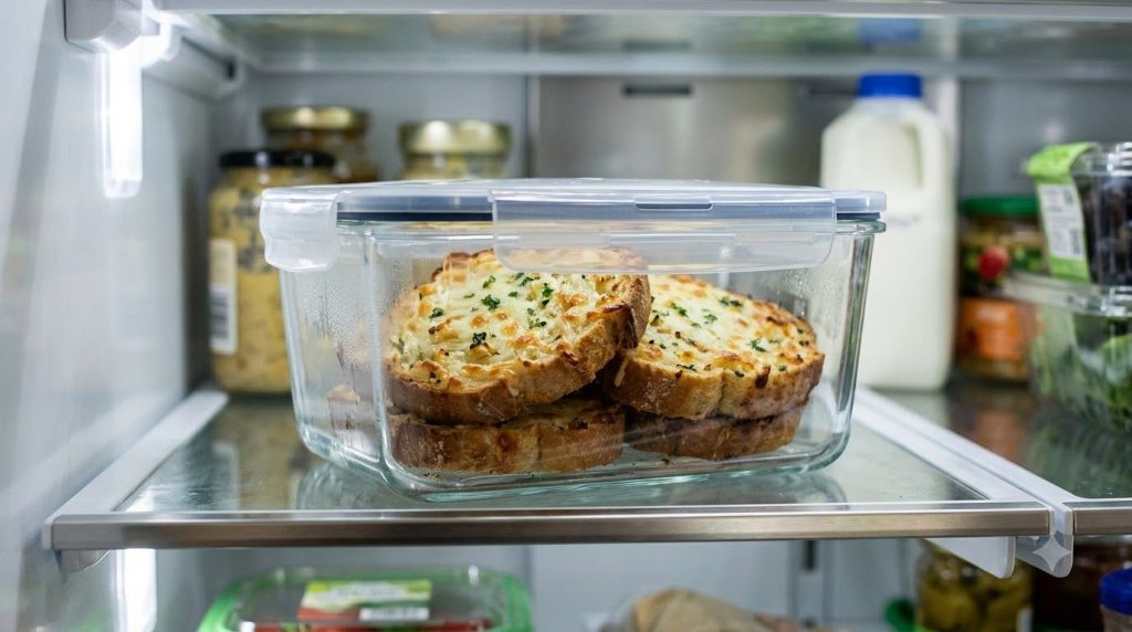 Slices of leftover cheesy roasted garlic bread in an airtight container in a refrigerator ready for storage