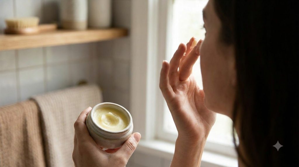 A person gently dabbing a small amount of the homemade Vaseline and Vitamin E balm onto the skin around their eye