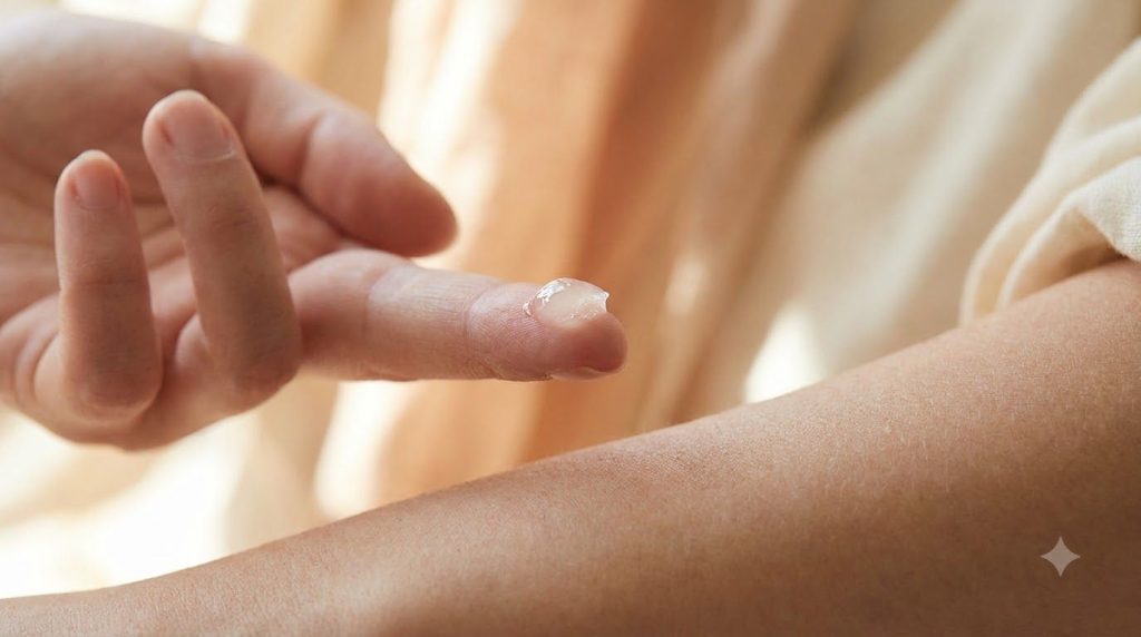 A small amount of mixed Vaseline and Vitamin E balm on a fingertip ready for application with a blurred background