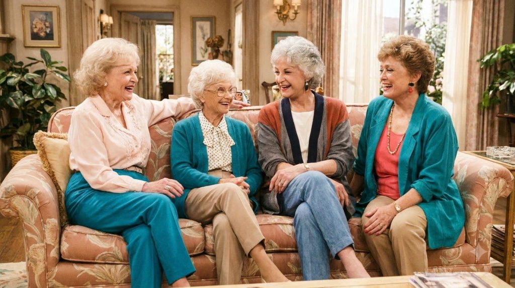 Betty White Estelle Getty Bea Arthur and Rue McClanahan as The Golden Girls sitting together on a couch smiling and laug
