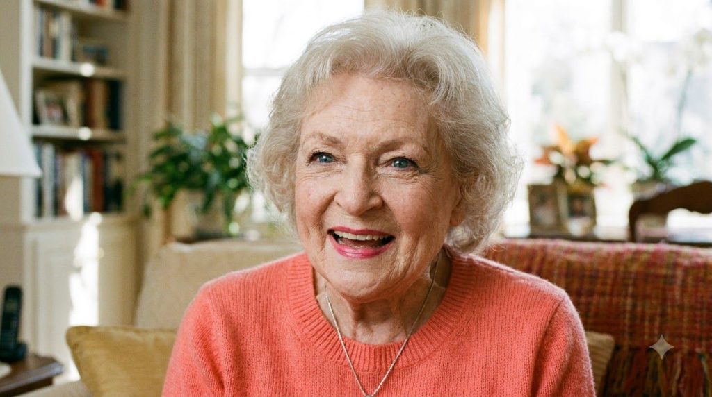 A vibrant smiling portrait of Betty White in her later years with her characteristic bright smile and sparkling eyes