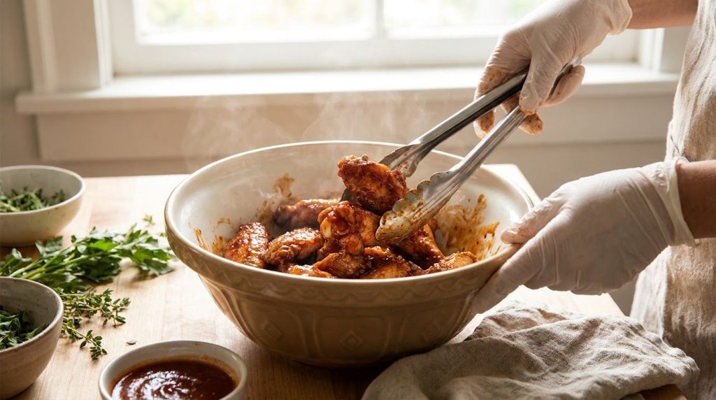 A close-up of glazed chicken wings being tossed in a mixing bowl with tongs
