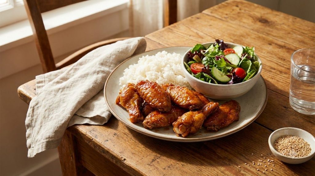 A complete meal with sweet and spicy chicken wings rice and a side salad