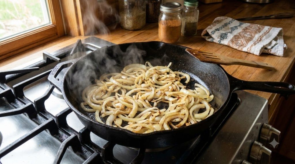 Thinly sliced onions slowly caramelizing in a large cast-iron skillet turning golden brown and soft