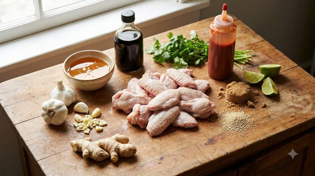 All the ingredients for sweet and spicy glazed chicken wings laid out on a kitchen counter