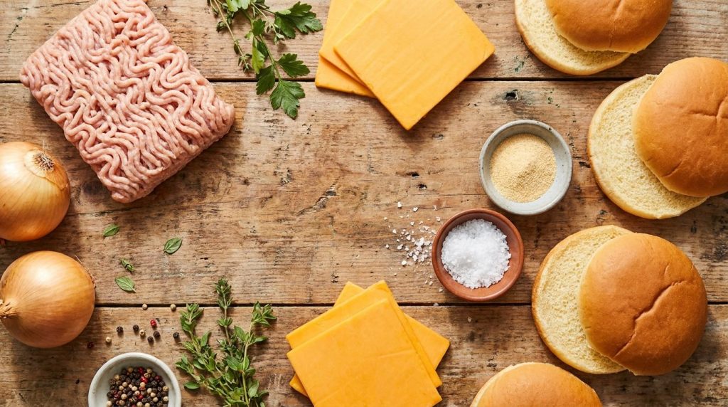 A collection of fresh ingredients for making chicken burgers including ground chicken onions cheese slices buns and spic
