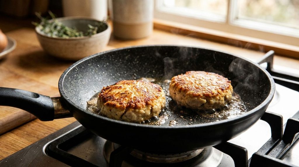 Two chicken patties sizzling in a hot skillet with a golden-brown crust forming
