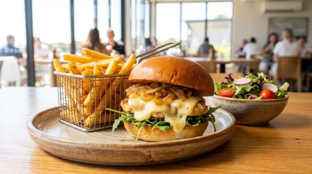 A complete meal featuring a cheesy chicken burger alongside crispy golden french fries and a fresh green side salad