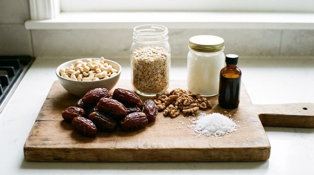 Various ingredients laid out on a kitchen counter Medjool dates raw cashews rolled oats walnuts coconut oil vanilla extr