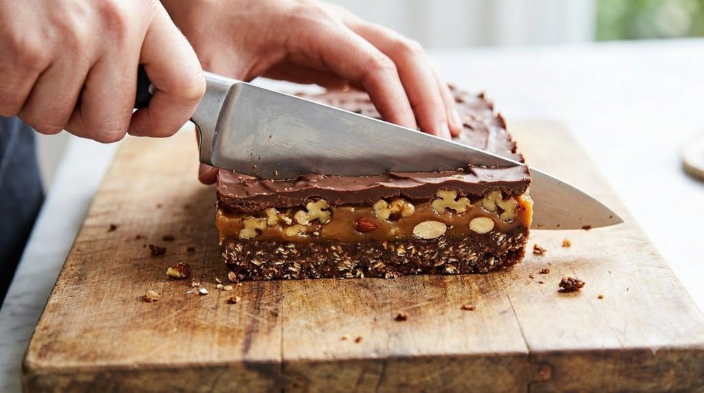 A close-up of a hand cutting a large block of set no-bake caramel nut bars on a wooden cutting board with a sharp knife 