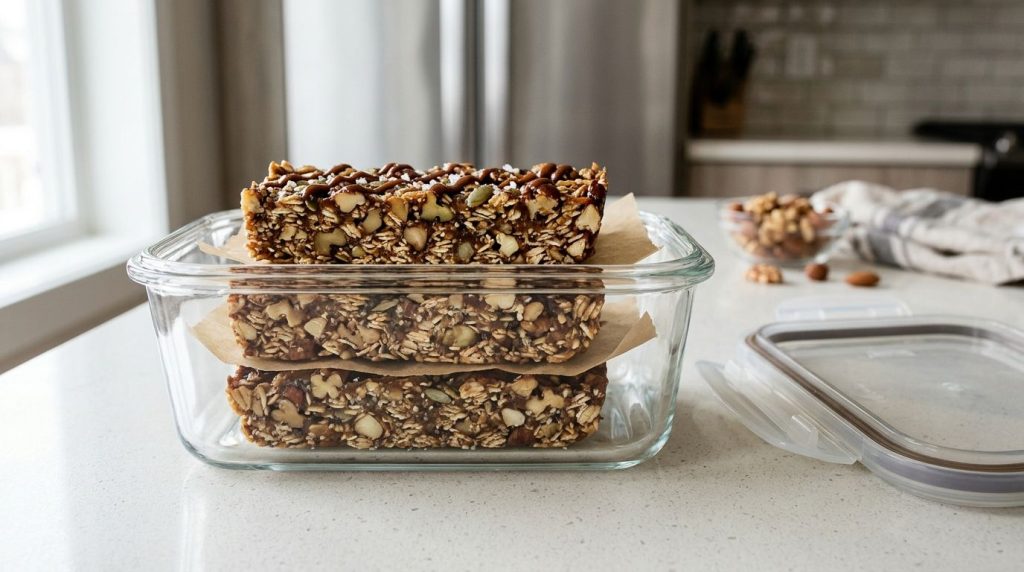Several no-bake caramel nut bars neatly stacked in an airtight glass container ready for storage in the refrigerator The