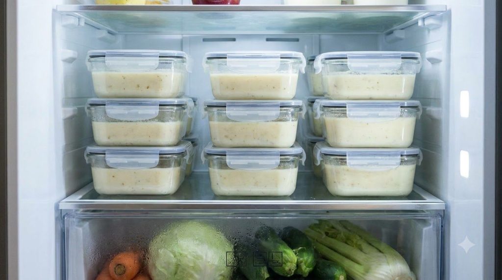 Containers of leftover potato soup stored in the refrigerator ready for meal prep