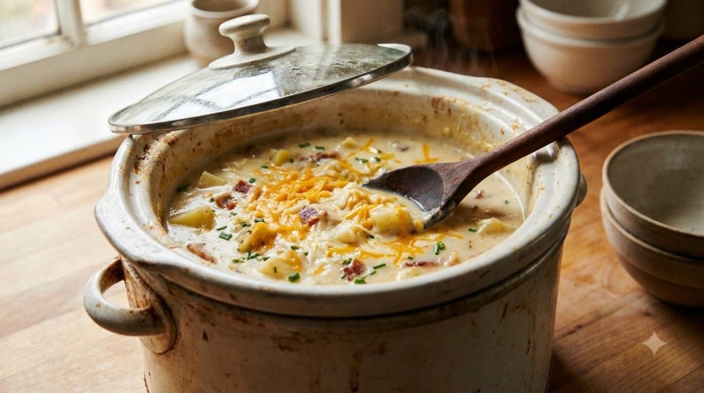 A close-up of a slow cooker filled with creamy potato soup with a spoon stirring in shredded cheese