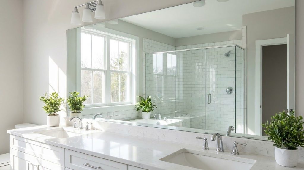 A perfectly clean and clear bathroom mirror reflecting a bright tidy bathroom The mirror shows no signs of fog or streak