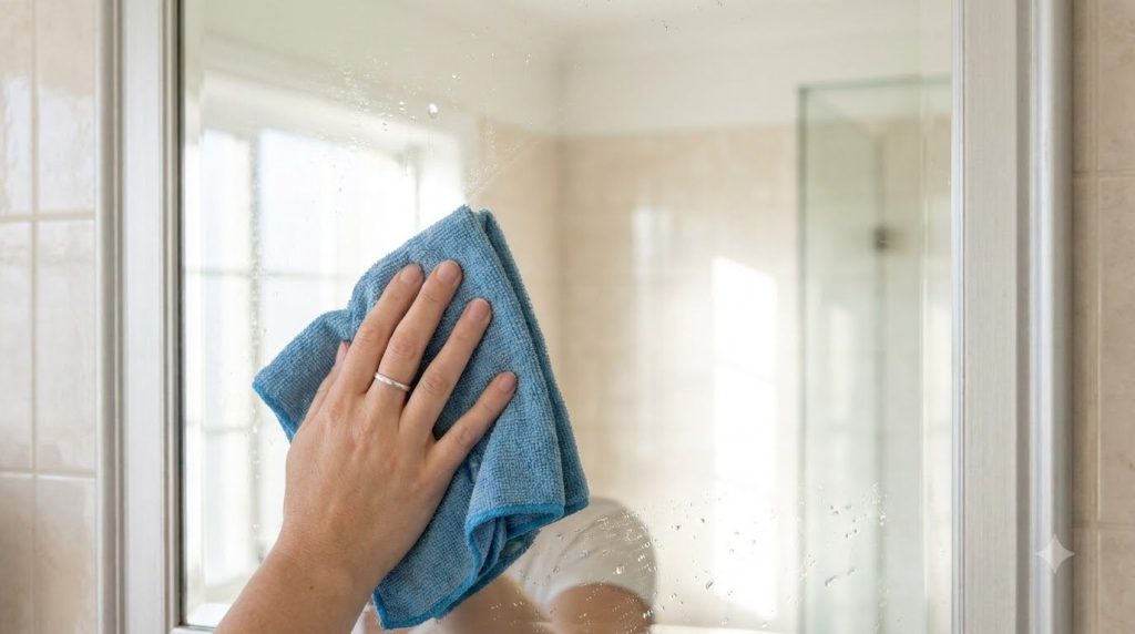 A hand using a clean microfber cloth to buff away the shaving cream residue from a bathroom mirror leaving a clear strea
