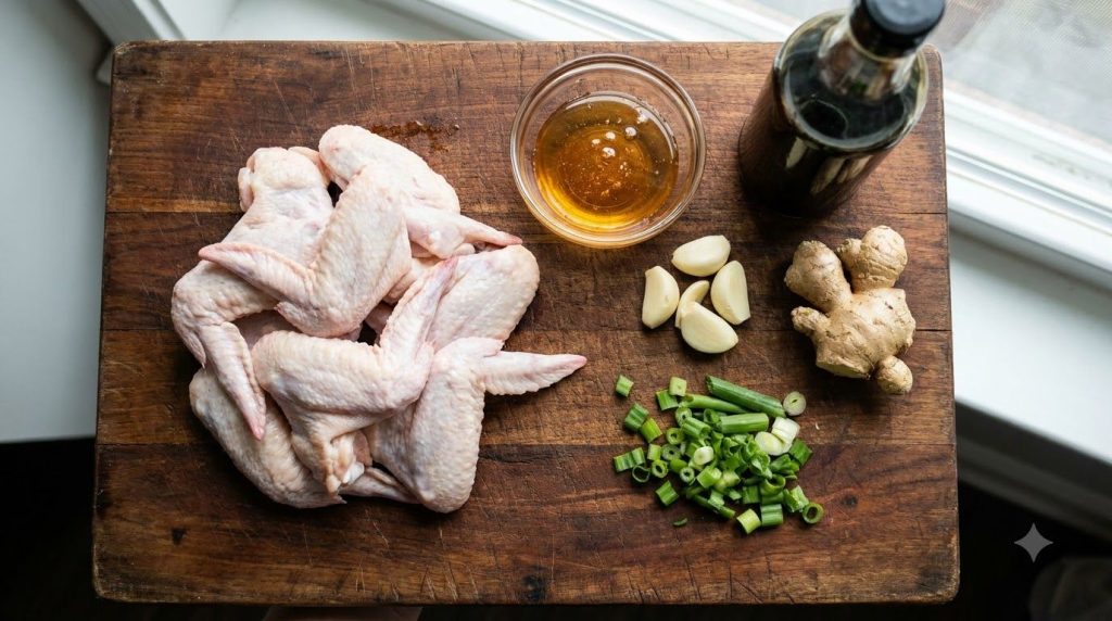 A variety of fresh ingredients for slow cooker honey garlic wings including raw chicken wings honey soy sauce garlic gin