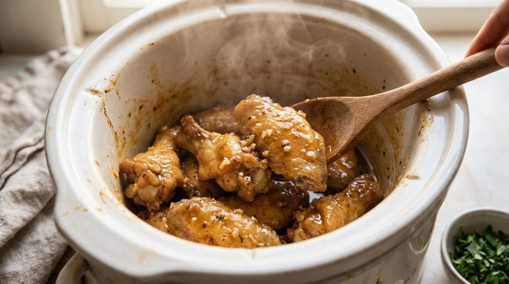 A close-up shot of cooked honey garlic chicken wings being tossed gently in a thick glossy sauce inside a slow cooker re