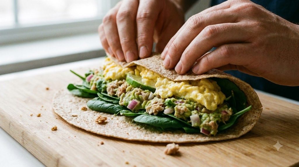 A close-up shot of a partially rolled tuna-avocado egg wrap on a cutting board showing the layers of ingredients before