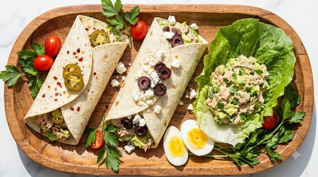 Three different variations of the tuna-avocado egg wrap one spicy with visible chili flakes one with feta and olives and