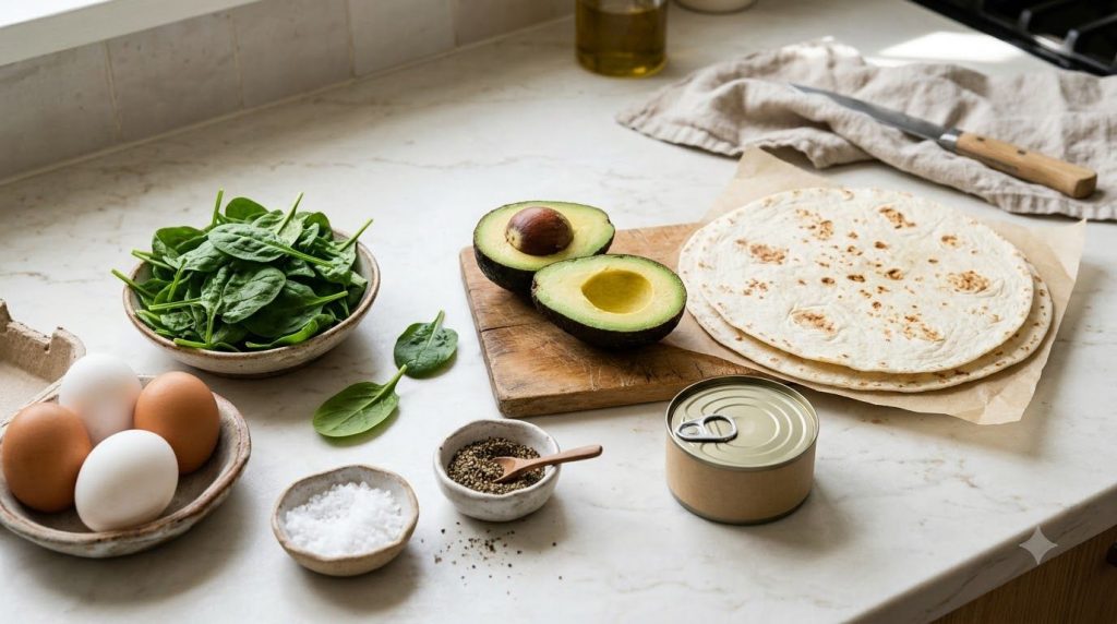 All the fresh ingredients laid out on a kitchen counter eggs a can of tuna a ripe avocado a tortilla spinach and seasoni
