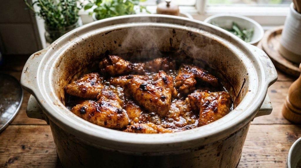 Close-up of slow cooker filled with cooked sticky BBQ honey wings with some sauce bubbling