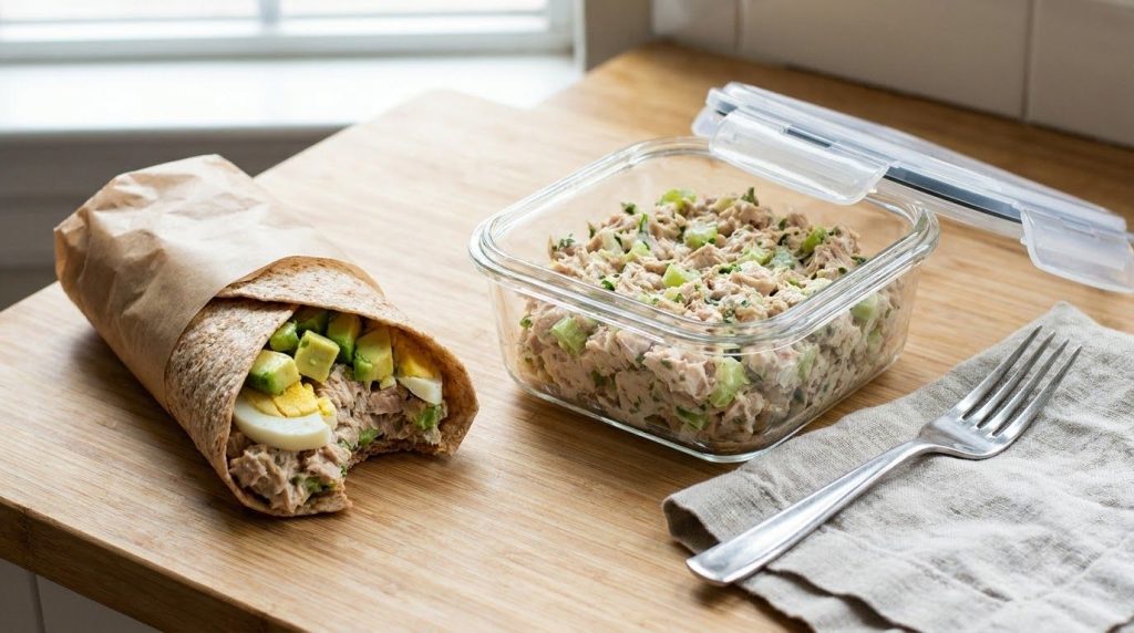 A partially eaten tuna-avocado egg wrap next to an airtight container with leftover tuna salad mixture showing good stor