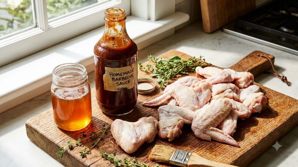 A close-up of chicken wings a bottle of BBQ sauce and a jar of honey laid out on a kitchen counter ready for preparation