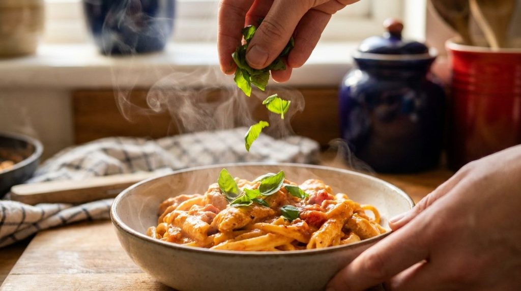 A close-up of fresh basil leaves being sprinkled over a bowl of creamy chicken and tomato pasta