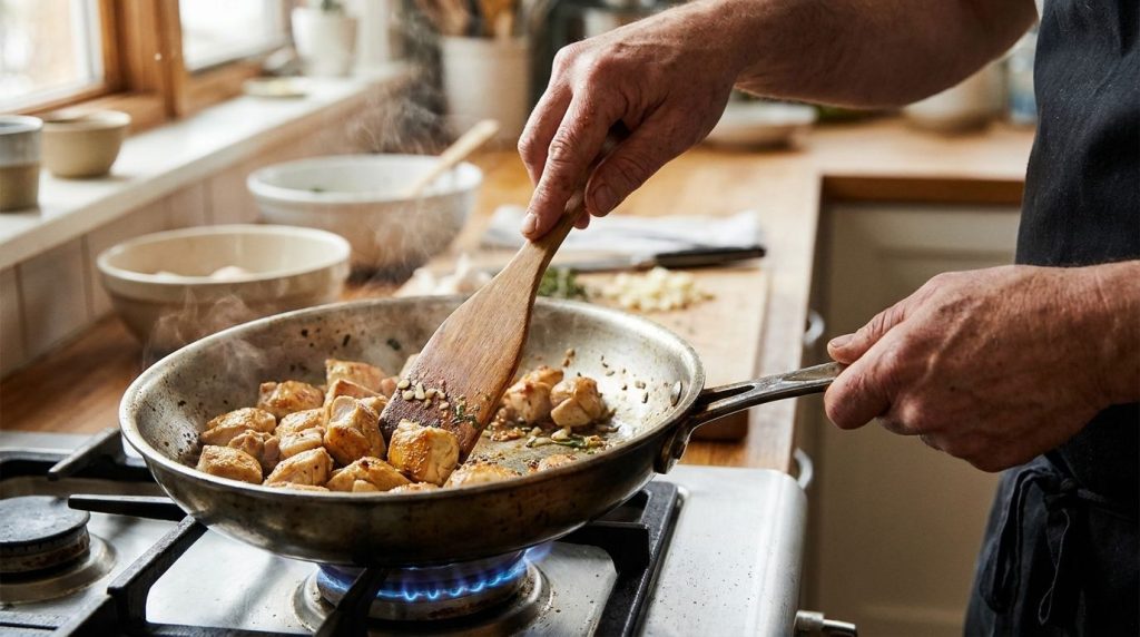 A chef s hands stirring cubed chicken in a large skillet on a stove browning evenly