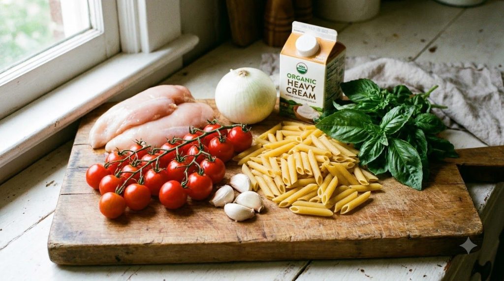 A collection of fresh ingredients for creamy chicken and tomato pasta laid out on a wooden cutting board chicken breasts