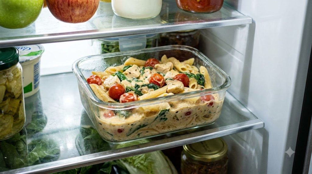 Creamy chicken and tomato pasta stored in an airtight glass container in a refrigerator