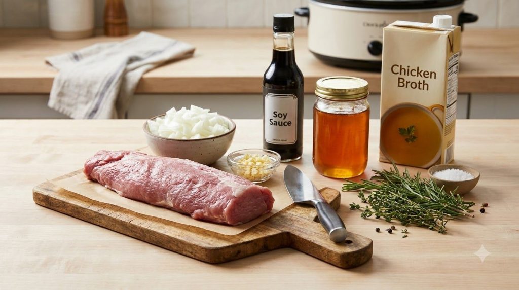 All ingredients for slow cooker pork tenderloin laid out on a kitchen counter including raw pork onion garlic sauces and