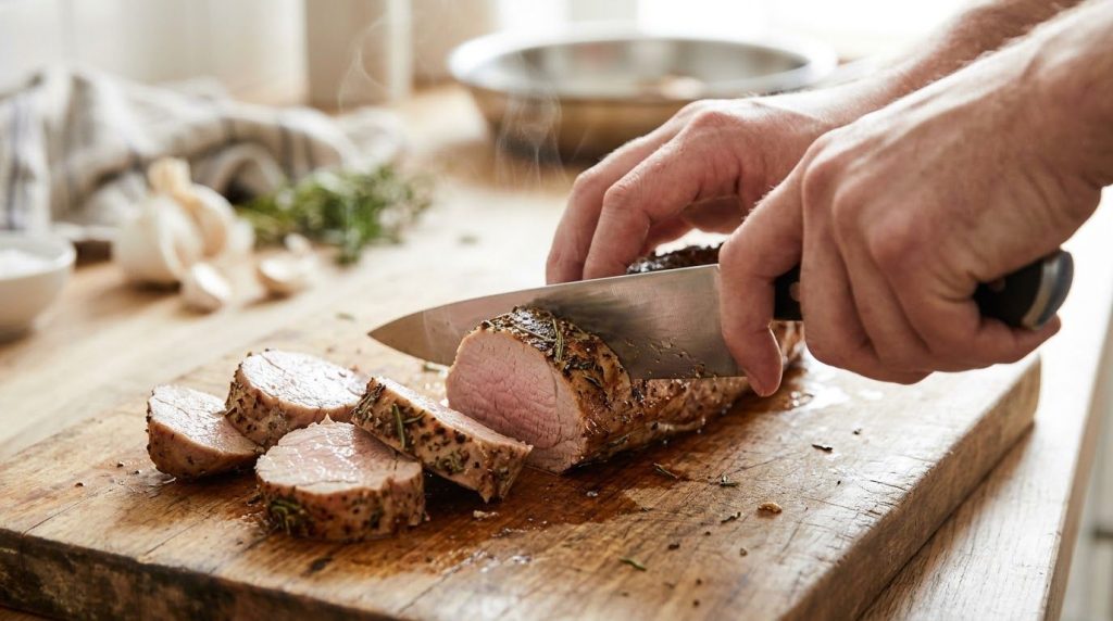 A chef s hand slicing a cooked pork tenderloin on a cutting board with steam gently rising and a slow cooker visible in 