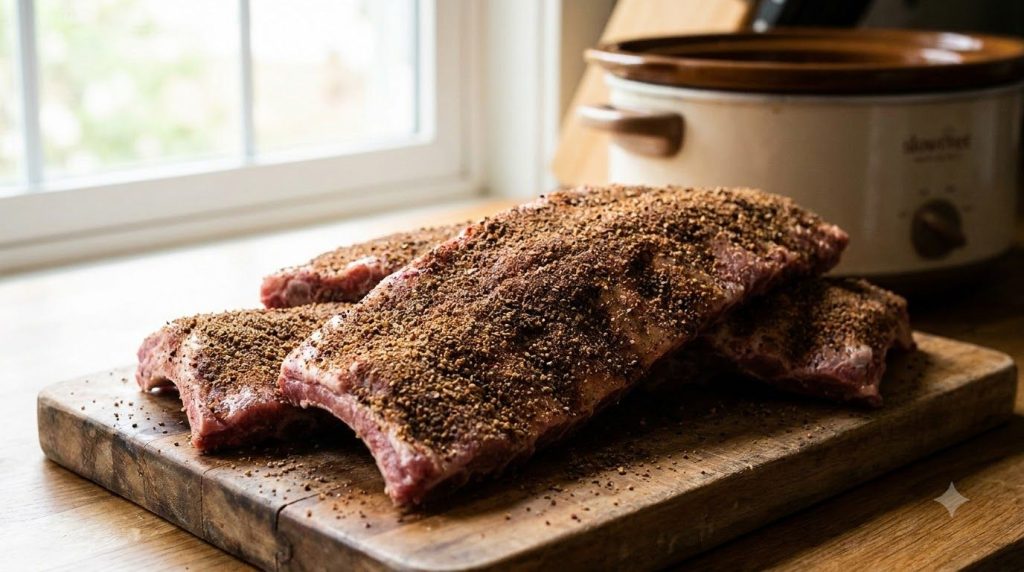 Raw pork ribs seasoned and coated in a spice rub ready to be placed into a slow cooker
