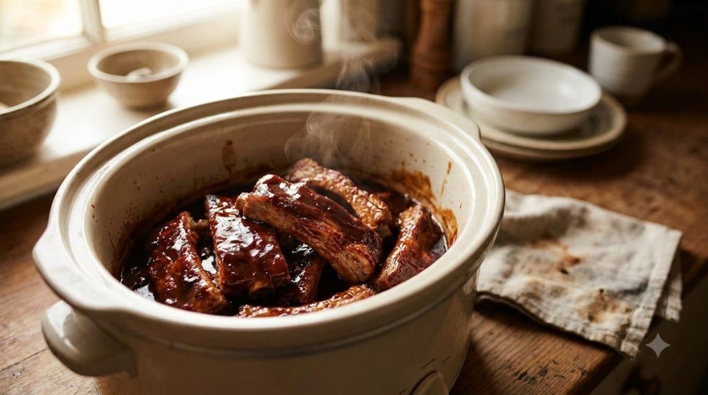 Pork ribs cooking in a slow cooker submerged in a rich BBQ sauce steam gently rising