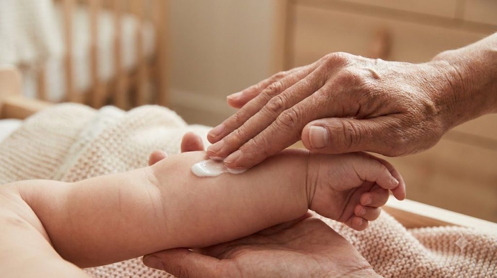 A person s hand gently applying cream to a small child s leg or arm symbolizing sensitive skin care for the family The f