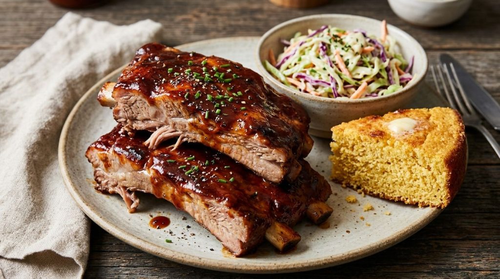 A close-up of a plate of perfectly cooked slow cooker ribs with a side of creamy coleslaw and cornbread