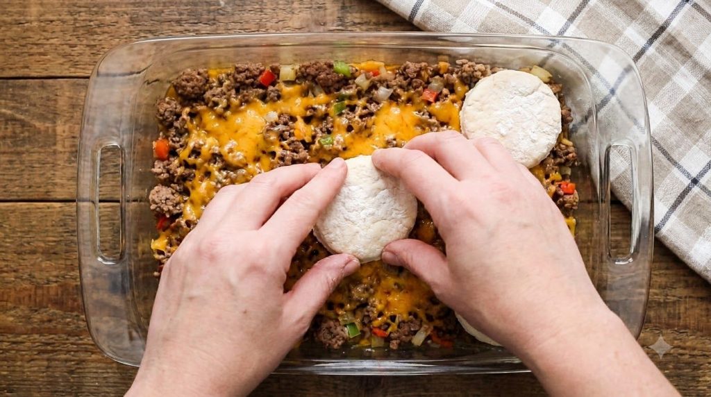 A person s hands placing the biscuit dough circles on top of the ground beef and creamy sauce mixture in a casserole dis