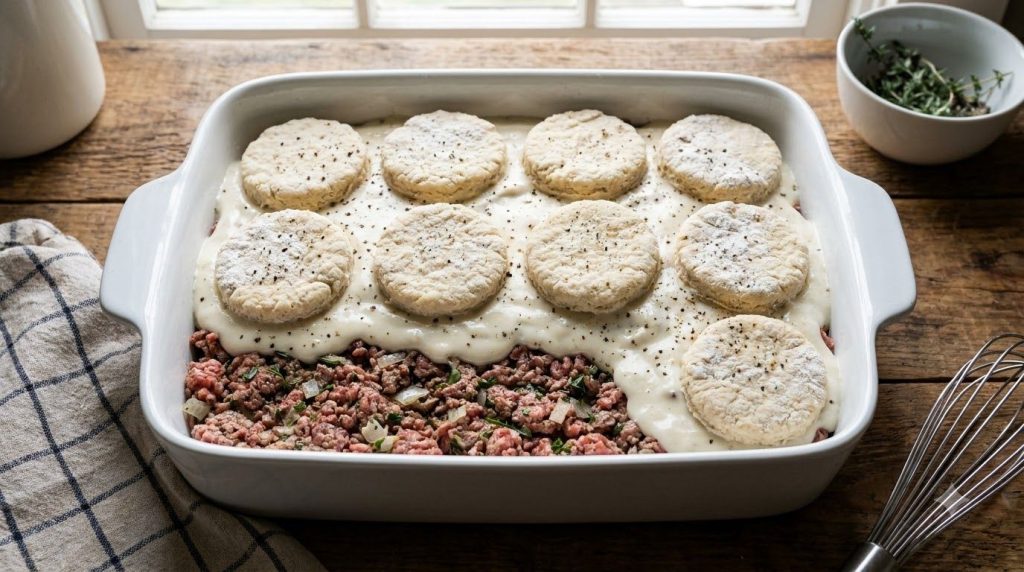 A white casserole dish filled with uncooked ground beef and biscuit casserole showing the layers of browned ground beef 