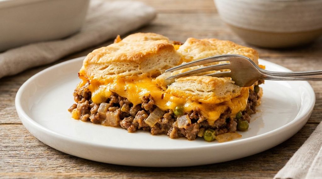 A slice of easy cheesy ground beef casserole on a white plate showing the layers of biscuit melted cheese and beef filli